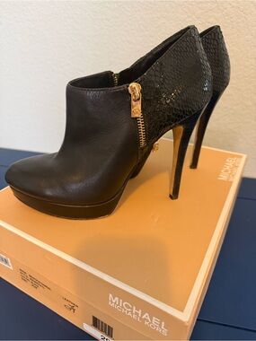 Michael Kors Black Leather Platform Ankle Booties with Snake-Texture Heel